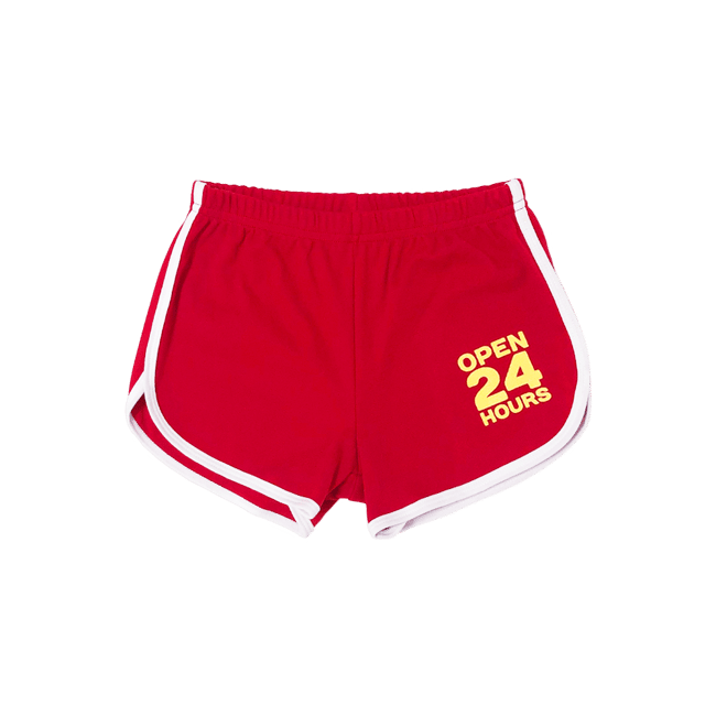 Red running shorts with 2025 white trim